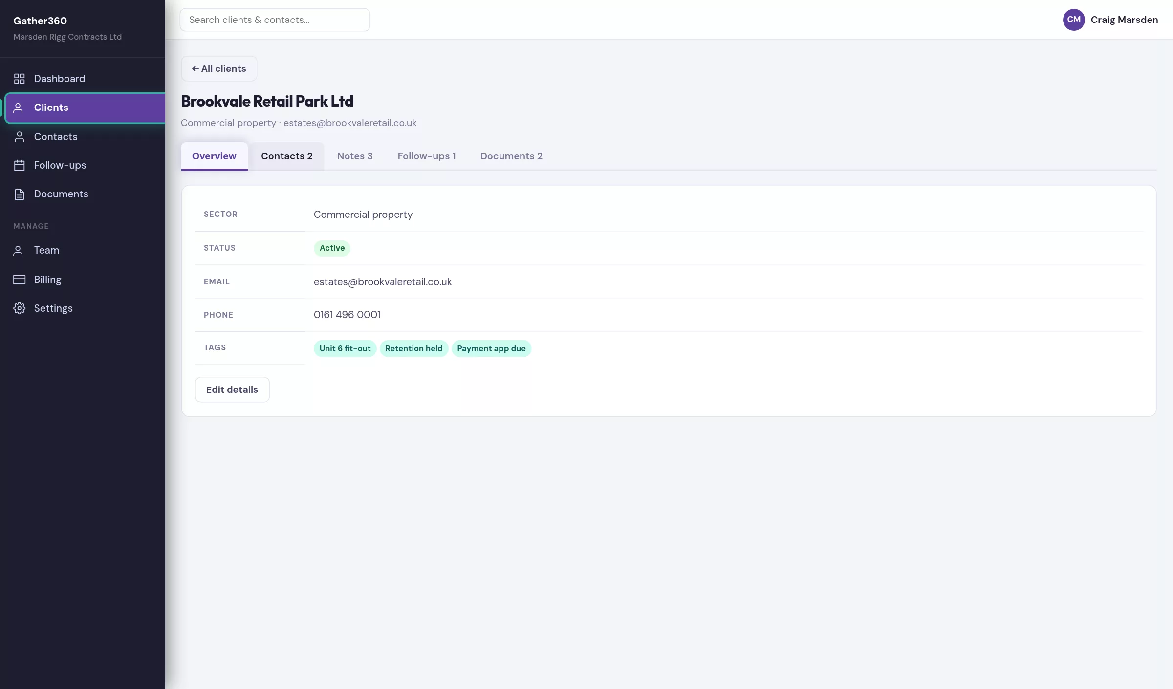 A construction client record with notes, contacts and follow-ups tabs