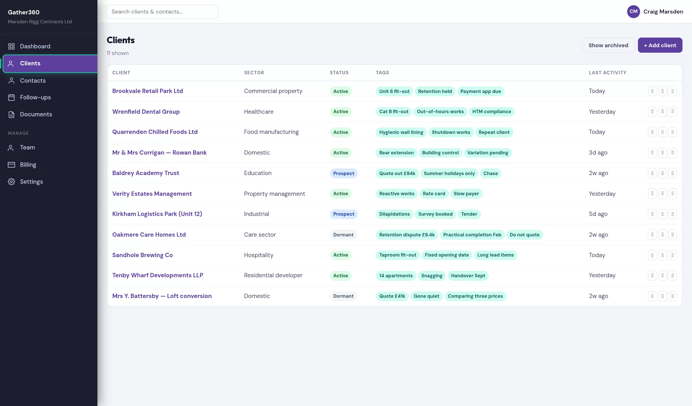 Gather360 clients list for a construction firm showing sector, contact count, last touched and status