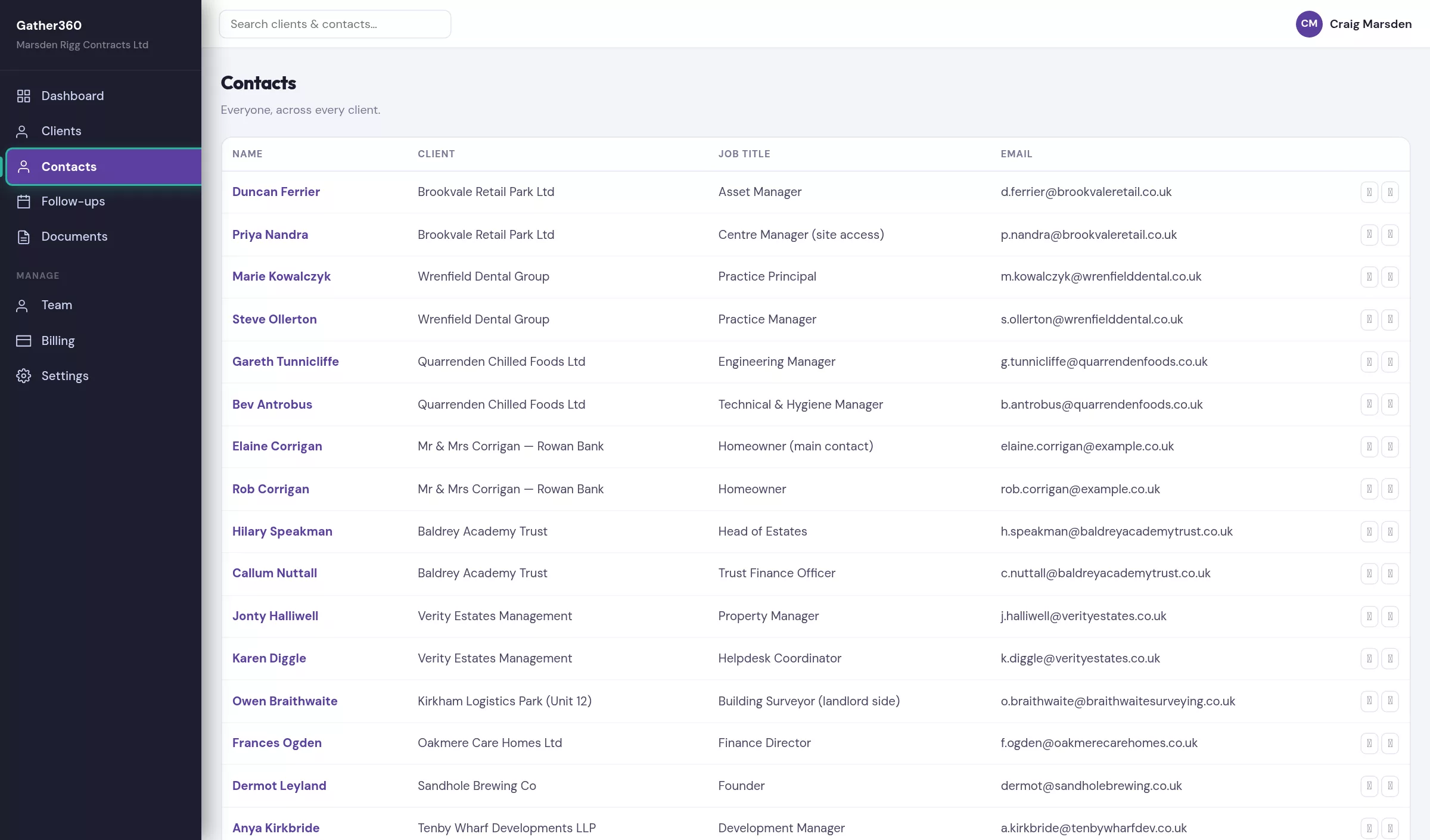 Contacts list for a construction firm showing site managers, estates staff and accounts contacts