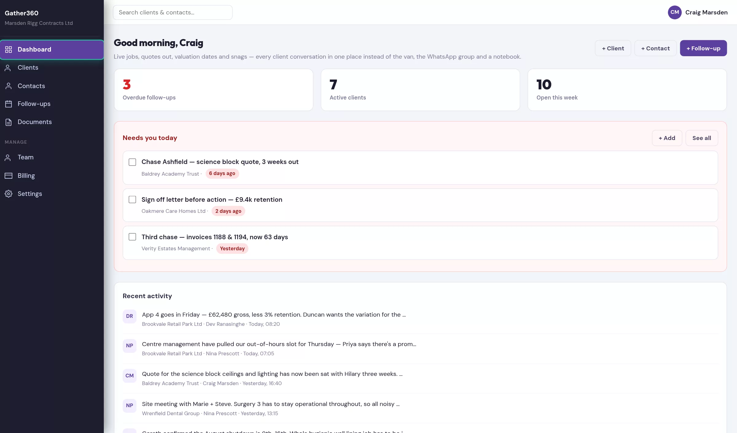 Gather360 home screen for a construction firm showing a quote chase and overdue invoice follow-ups