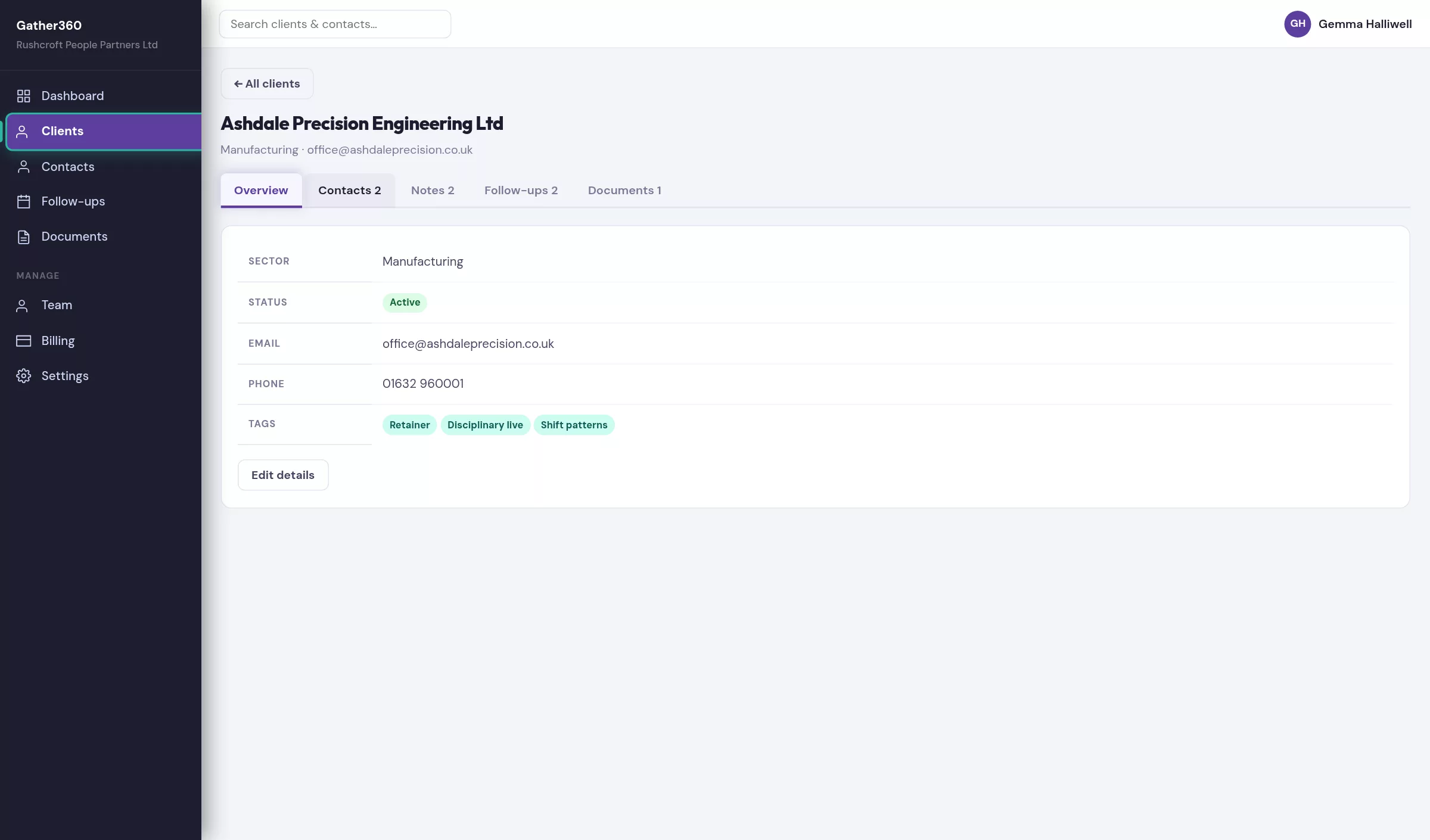 A client record with dated notes, contacts and follow-ups in tabs