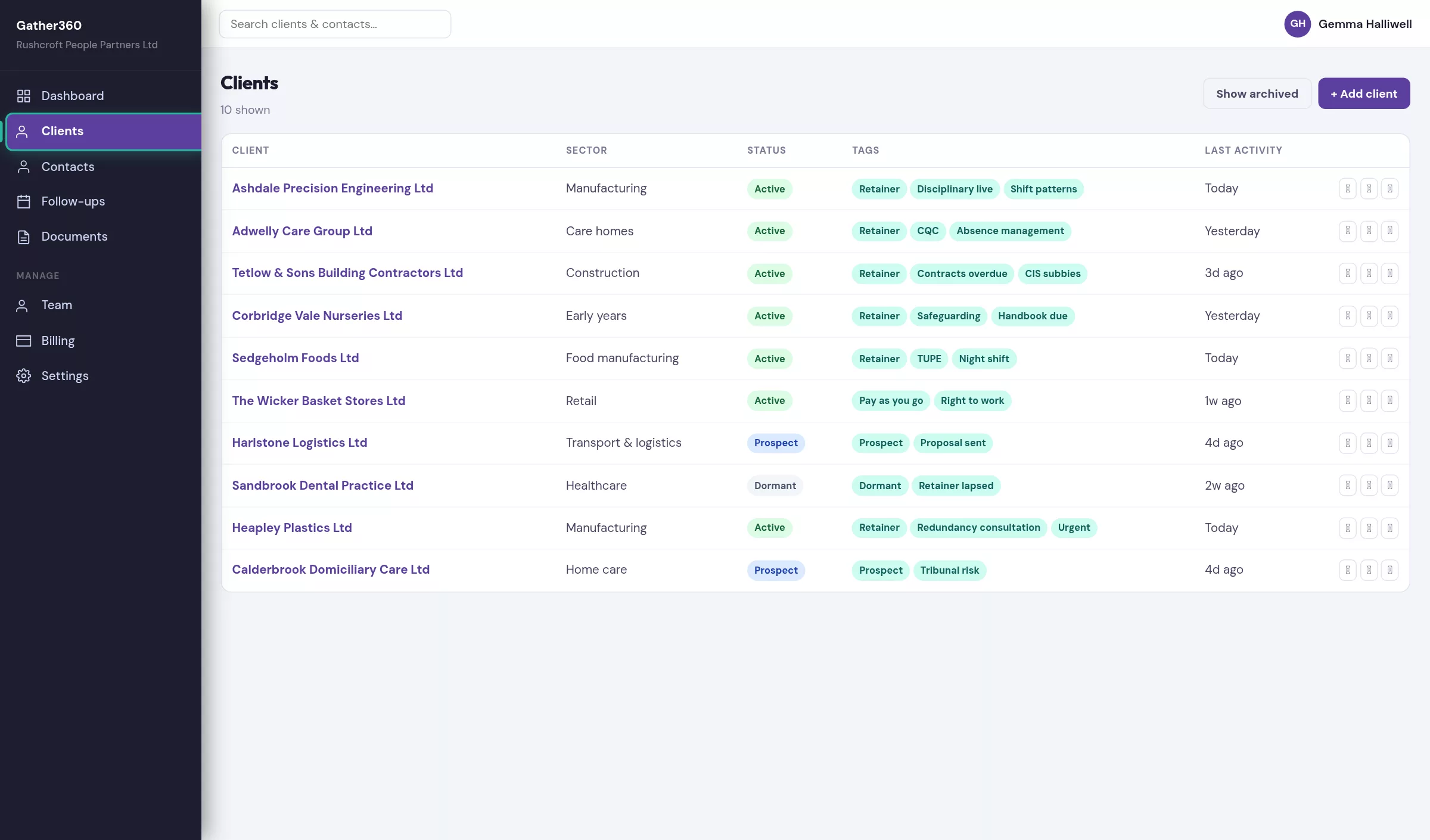 Gather360 client list for an HR consultancy after moving from a spreadsheet