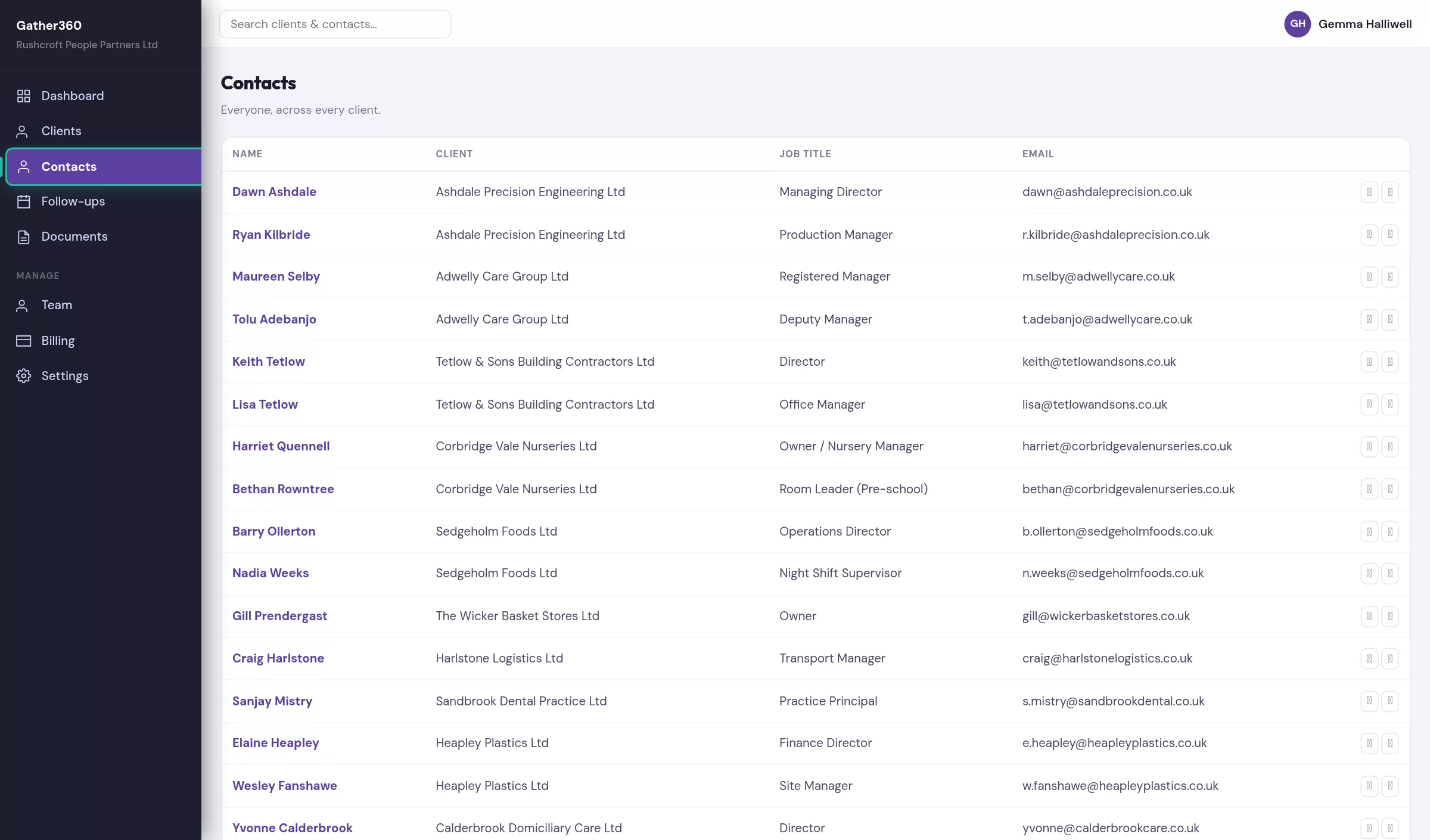 Gather360 contacts list with names, job titles and emails