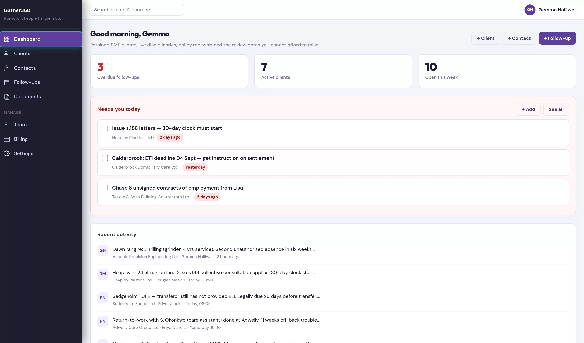 Gather360 home screen for an HR consultancy showing overdue follow-ups and this week’s tasks