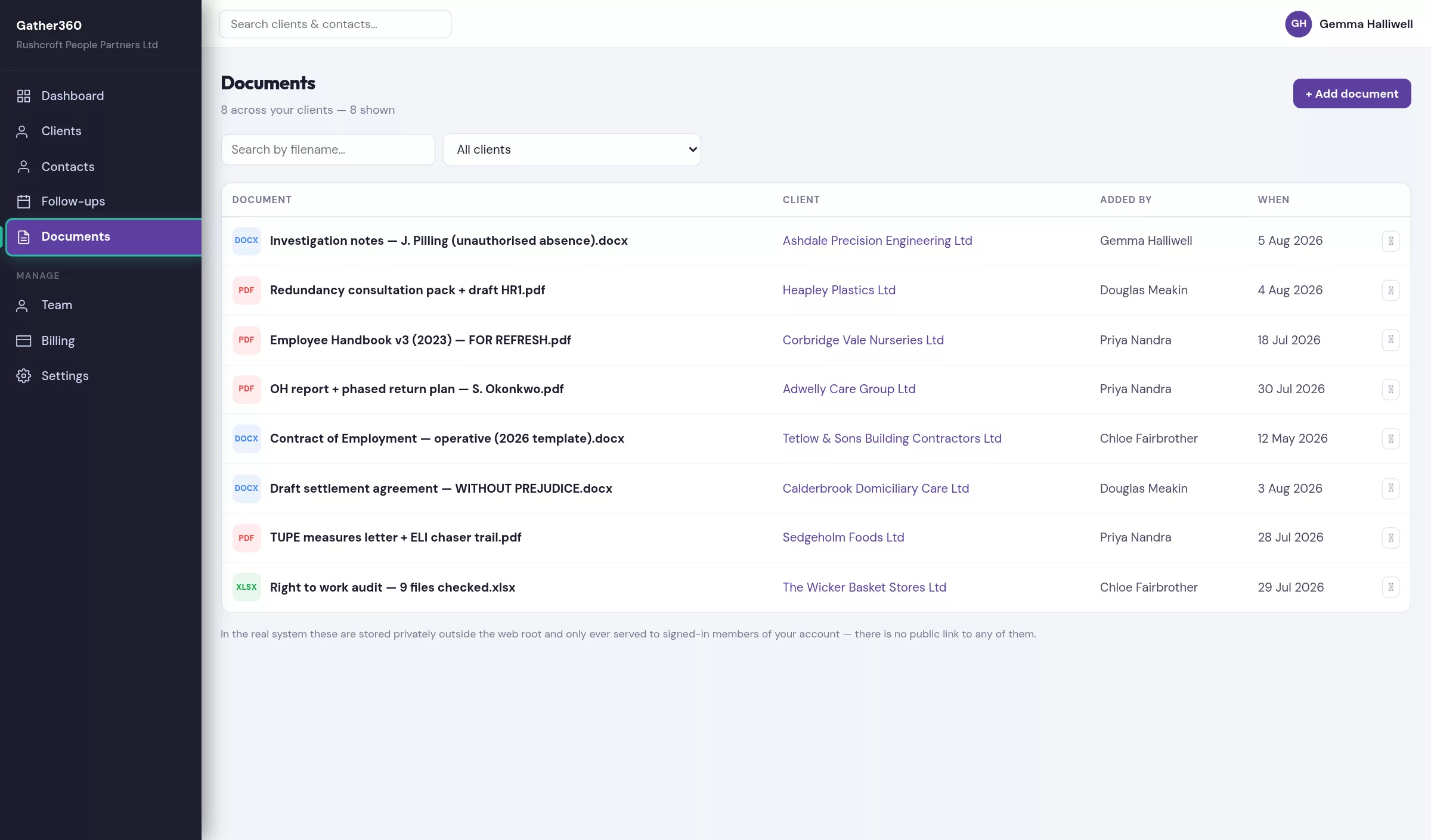 Documents filed against clients, each showing who uploaded it and when
