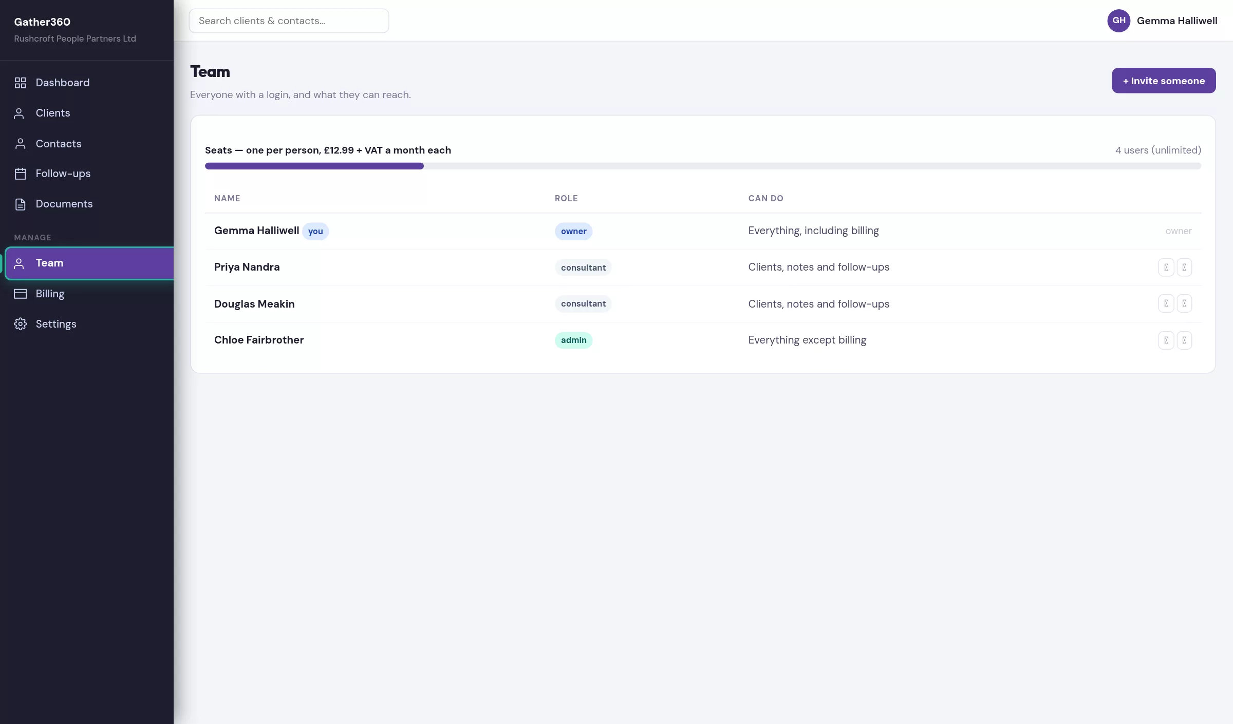 Gather360 team screen showing users and their roles for an HR consultancy