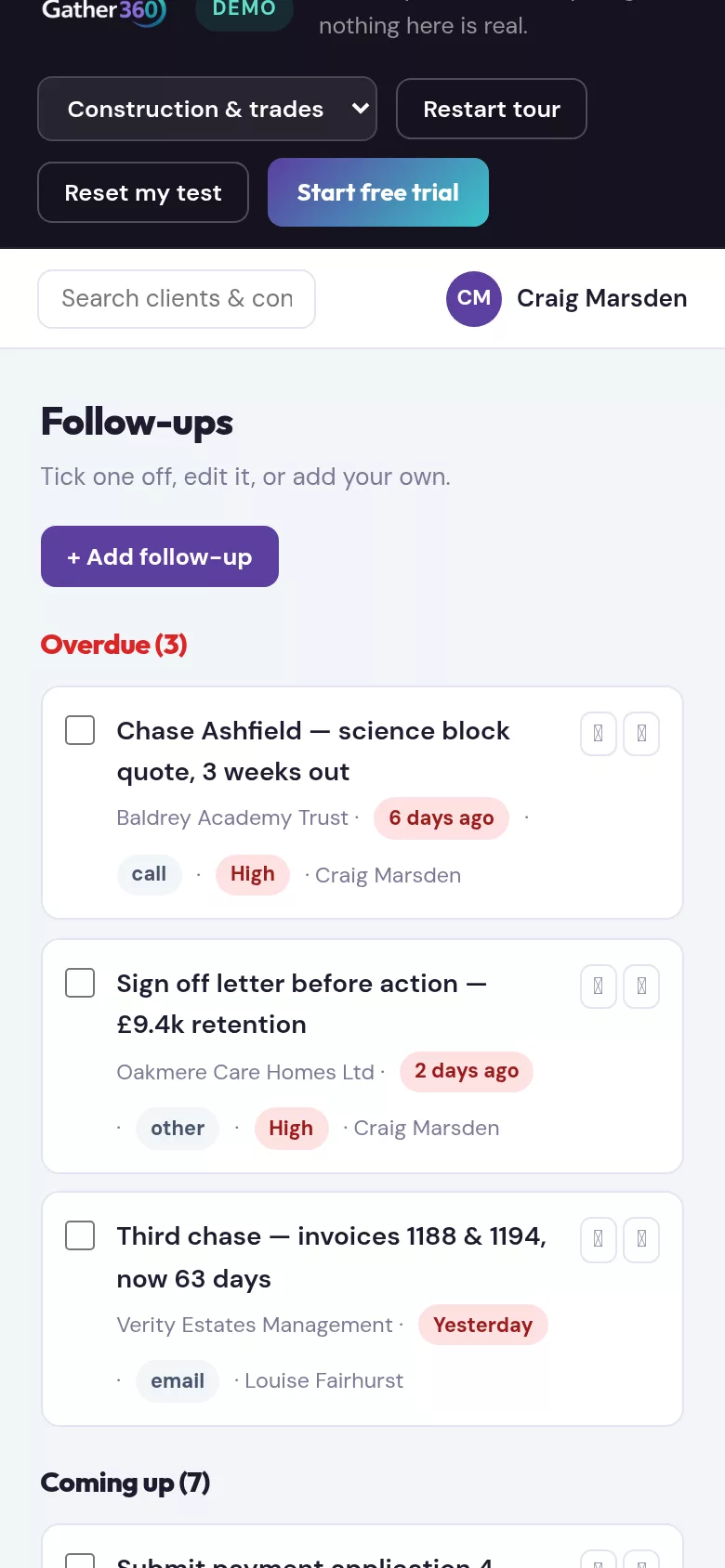 Gather360 follow-ups on a phone screen, overdue first