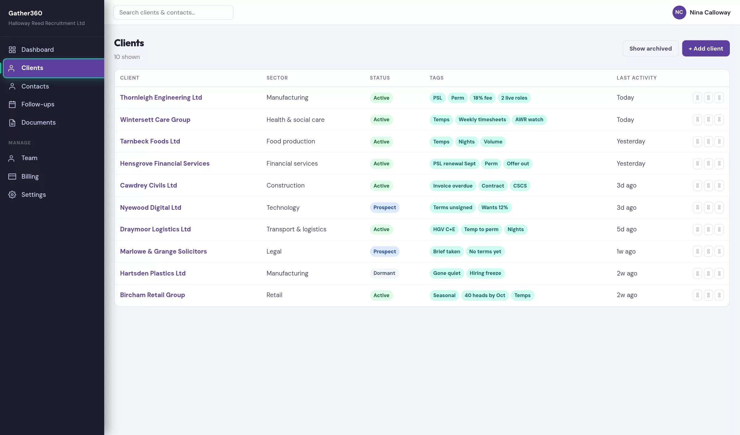 Recruitment agency clients list sorted by last touched, with active, archived and all filters