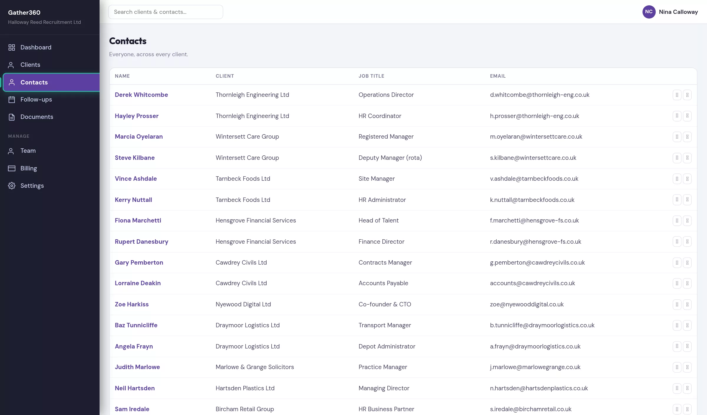 Gather360 contacts list linked to client companies