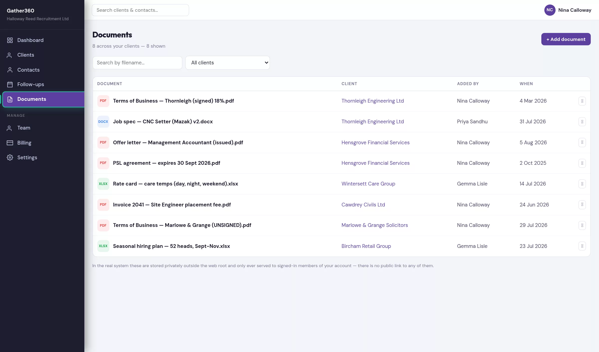 All documents across a recruitment agency’s account, filterable by client and searchable by file name