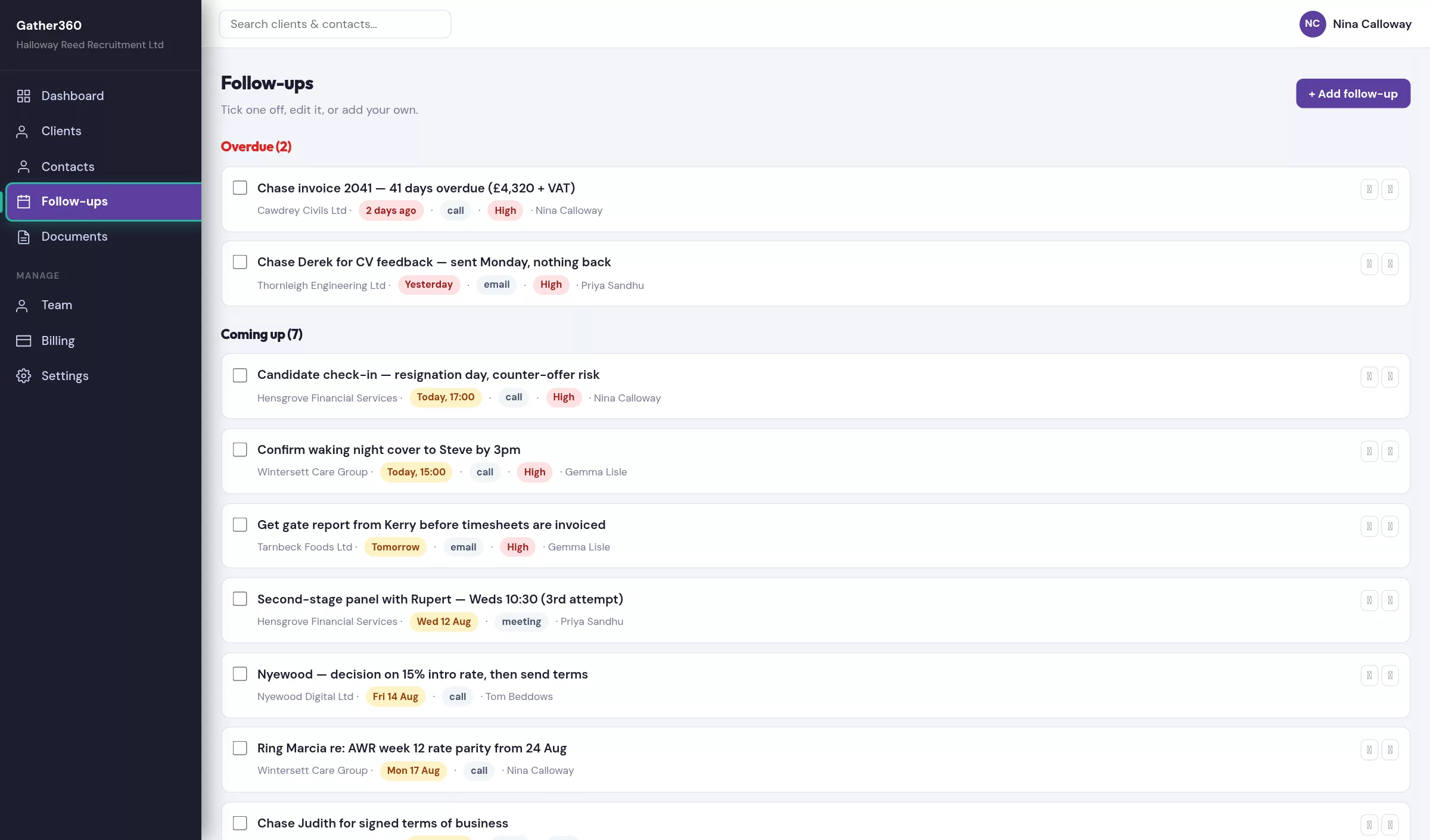 Follow-ups for a recruitment agency including CV feedback chases and a resignation-day check-in