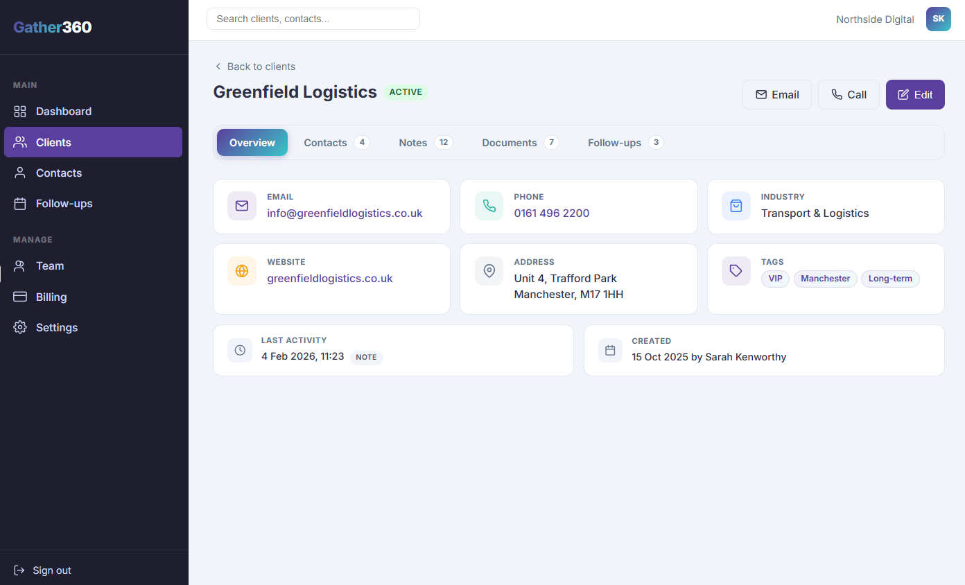 Gather360 client detail view showing contacts, notes, documents and follow-up tracking for small business CRM