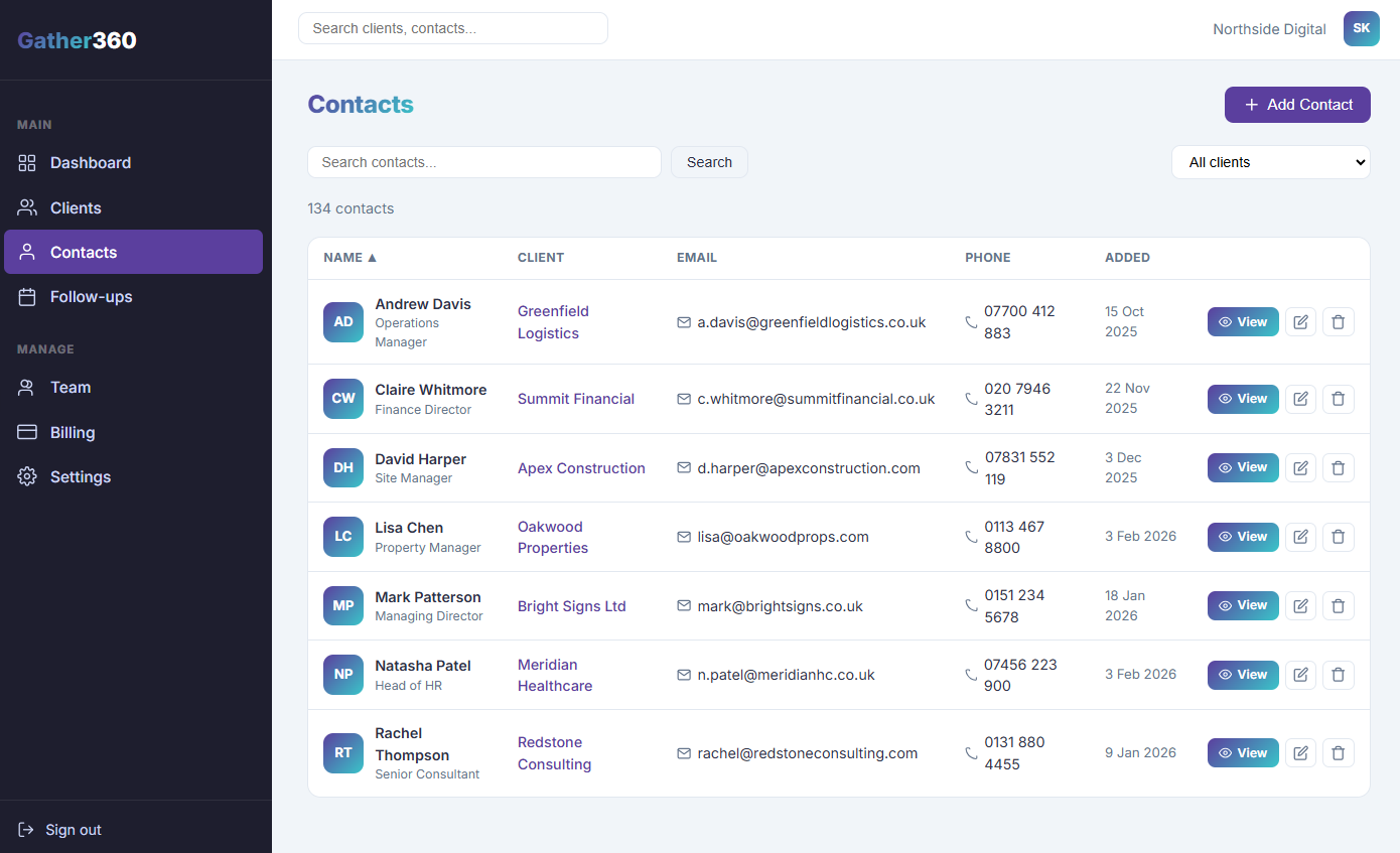Gather360 contact directory with search filtering and client organisation for CRM contact management